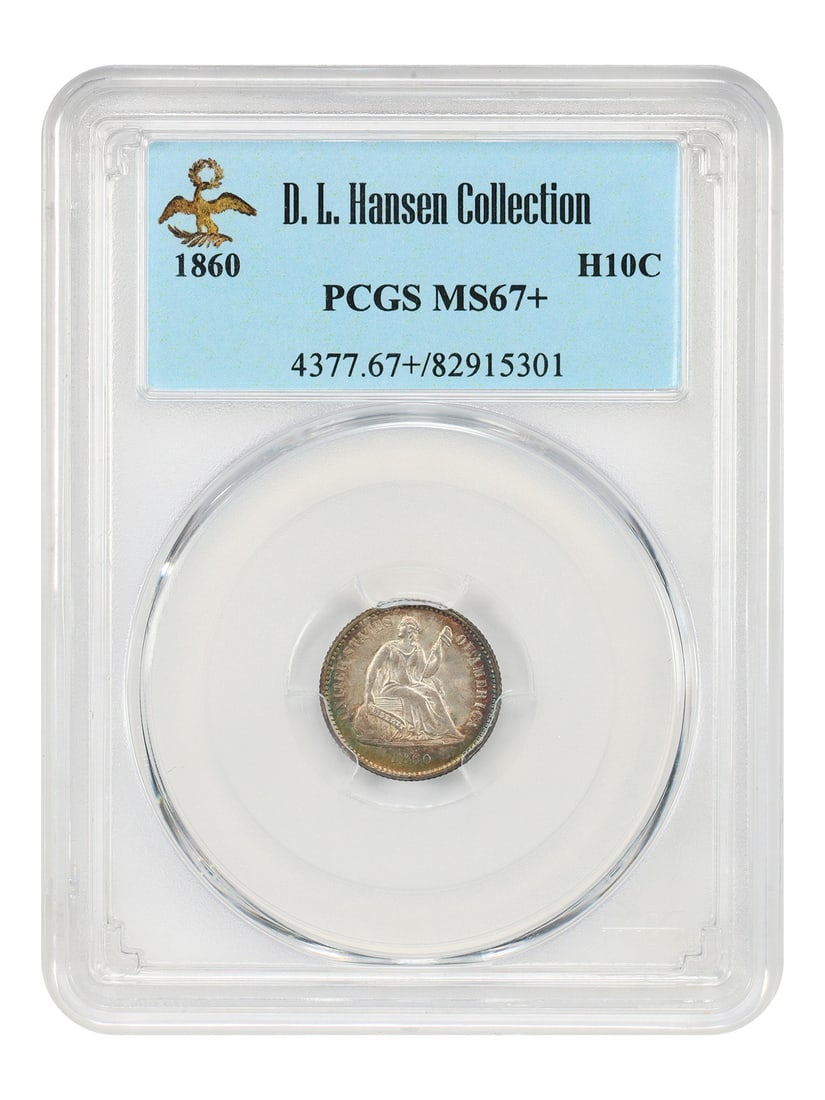 Liberty Seated Half Dime 1860 H10C PCGS MS67+ ex D.L. Hansen: Liberty Seated Half Dime 1860 H10C PCGS MS67+ ex D.L. Hansen 1860 Liberty Seated Half Dime certified by PCGS as MS67+ and pedigreed ex: D.L. Hansen. A popular first-year issue of the new legend-obvers