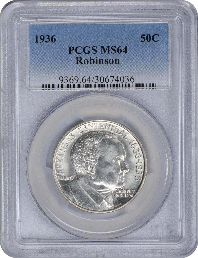 1936 Robinson Commemorative Silver Half Dollar MS64 PCGS Uncirculated: 1936 Robinson Commemorative Silver Half Dollar MS64 PCGS Uncirculated This 1936 Robinson Commemorative Silver Half Dollar is a stunning piece of numismatic history, graded MS64 by PCGS. Struck at the 