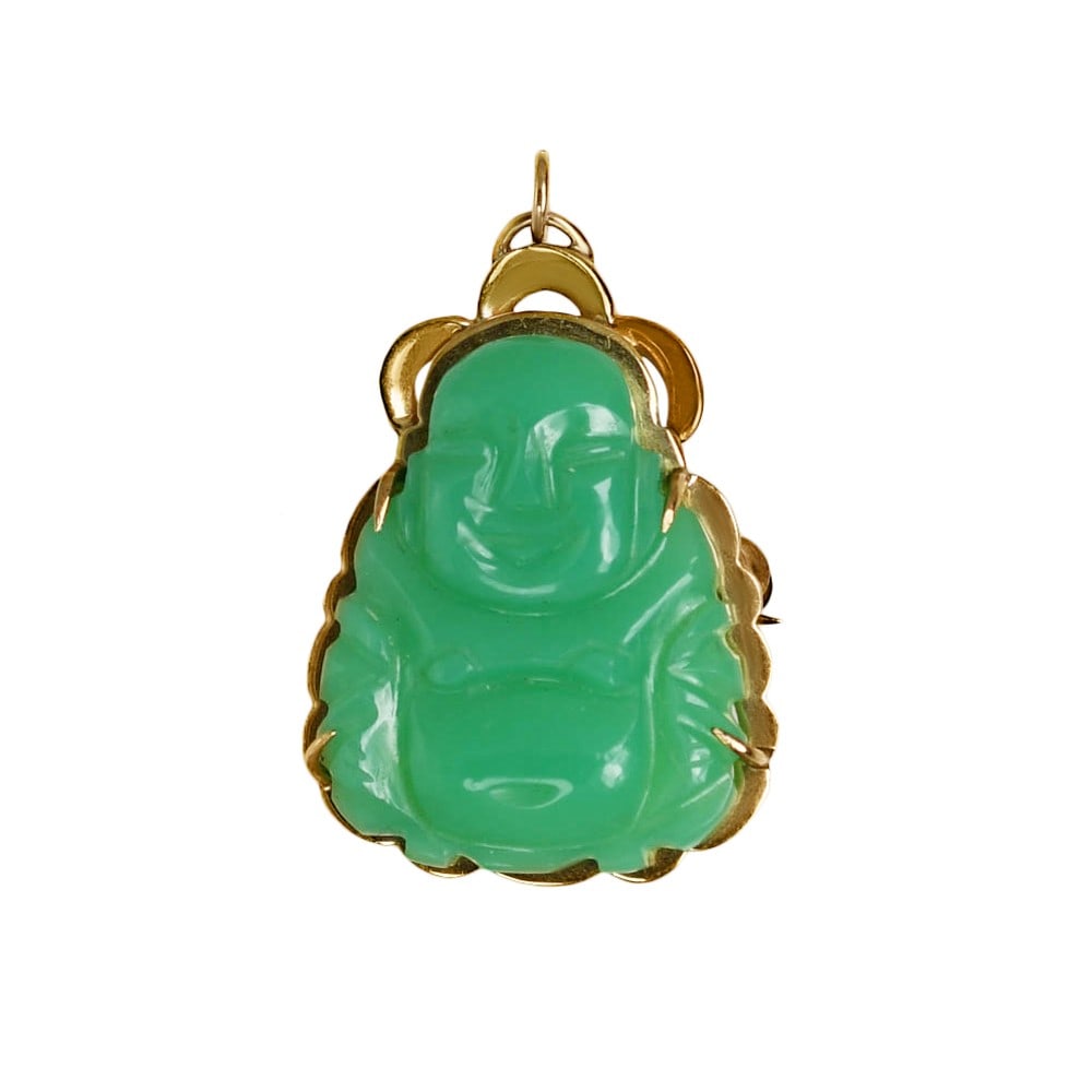 Unbranded 14K Yellow Gold Buddha Pendant with Chrysoprase 4.5g: Unbranded 14K Yellow Gold Buddha Pendant with Chrysoprase 4.5g Pre-owned 14k yellow gold pendant featuring a green chrysoprase Buddha design. This unbranded piece is stamped 14k and made in Thailand. 