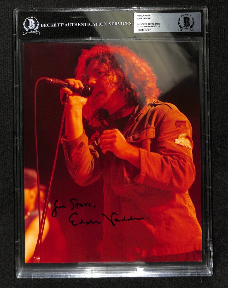Eddie Vedder Signed 8x10 Photo Inscribed For Steve BAS 10: Eddie Vedder Signed 8x10 Photo Inscribed For Steve BAS 10 This autographed 8x10 photograph features Eddie Vedder, lead singer of Pearl Jam, who has signed it in black permanent marker and inscribed it