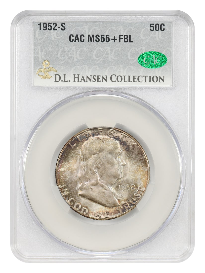 CACG MS66+ FBL 1952-S Franklin Half Dollar 50C ex D.L. Hansen: CACG MS66+ FBL 1952-S Franklin Half Dollar 50C ex D.L. Hansen 1952-S Franklin Half Dollar certified by CACG in MS66+ FBL condition. Ex: D.L. Hansen. Only seven others are known to be finer for the dat
