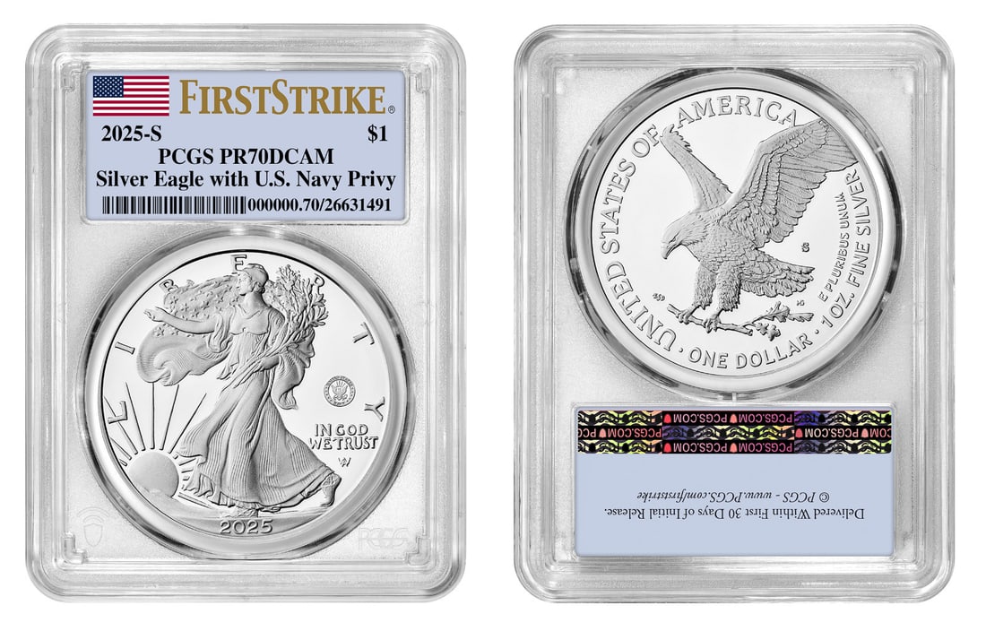 2025-S Proof American Silver Eagle U.S. Navy Privy PR70 PCGS: 2025-S Proof American Silver Eagle U.S. Navy Privy PR70 PCGS This 2025-S (PR70) Proof American Silver Eagle features a U.S. NAVY privy mark and is a perfect addition for collectors. Struck in .999 fin