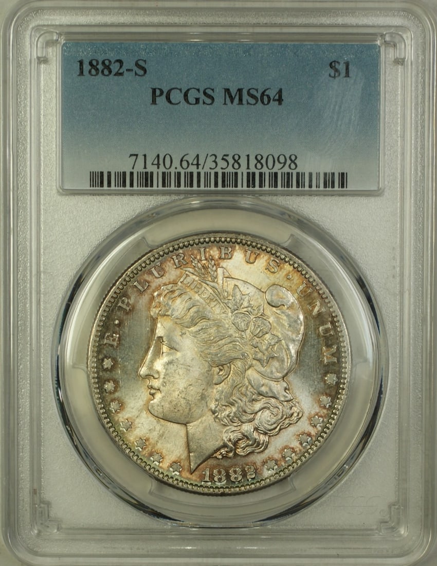 PCGS MS64 1882-S Morgan Silver Dollar Toned: PCGS MS64 1882-S Morgan Silver Dollar Toned This is an 1882-S Morgan Silver Dollar with a $1 denomination, certified by PCGS and graded MS 64. The coin is composed of silver, originates from the Unite