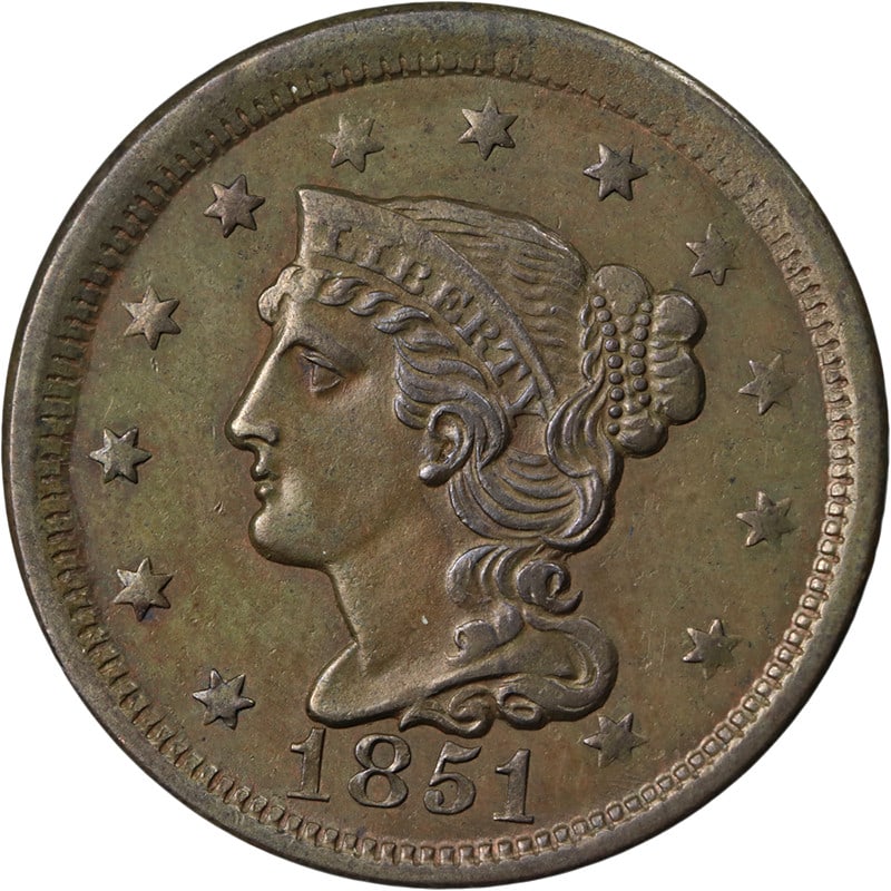 1851 United States Large Cent Copper Coin Uncertified BU+: 1851 United States Large Cent Copper Coin Uncertified BU+ Original 1851 Large Cent with nice BU+ grade, strong eye appeal, nice luster, and a nice strike. This pre-owned coin features superb color and