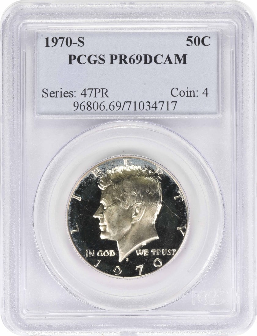 PCGS PR69DCAM 1970 S Kennedy 50C Proof Half Dollar: PCGS PR69DCAM 1970 S Kennedy 50C Proof Half Dollar 1970-S Kennedy Half Dollar proof coin graded PR69DCAM by PCGS. This uncirculated silver 50C coin is a pre-owned example from the United States. Speci