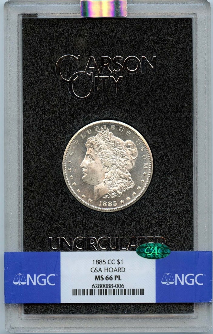NGC MS66PL CAC 1885 Carson City Morgan Dollar from GSA Hoard: NGC MS66PL CAC 1885 Carson City Morgan Dollar from GSA Hoard This is an 1885-CC Morgan Dollar from the GSA Hoard, graded MS66PL by NGC with CAC approval. The coin features a proof-like strike and was 