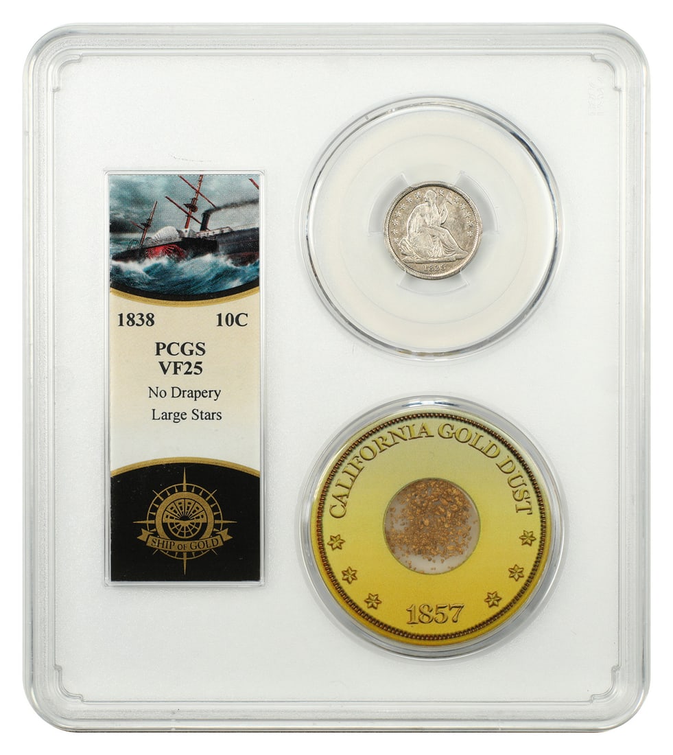 1838 Liberty Seated Dime 10C PCGS VF25 S.S. Central America: 1838 Liberty Seated Dime 10C PCGS VF25 S.S. Central America An 1838 10C Liberty Seated Dime certified PCGS VF25, recovered from the S.S. Central America shipwreck. The coin is identified as the No Dra