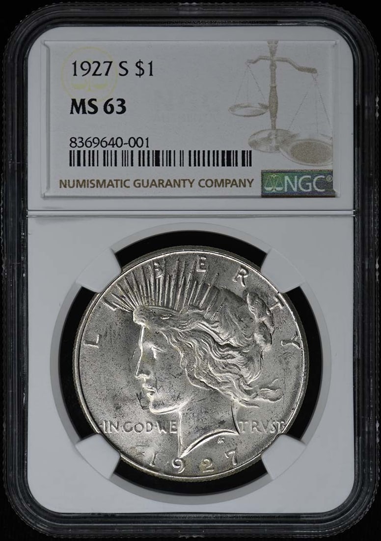 NGC MS63 1927-S San Francisco Peace Dollar: NGC MS63 1927-S San Francisco Peace Dollar This 1927 Peace Dollar from the United States is graded MS63 by NGC, indicating it is in uncirculated condition. The coin was minted in San Francisco and cer
