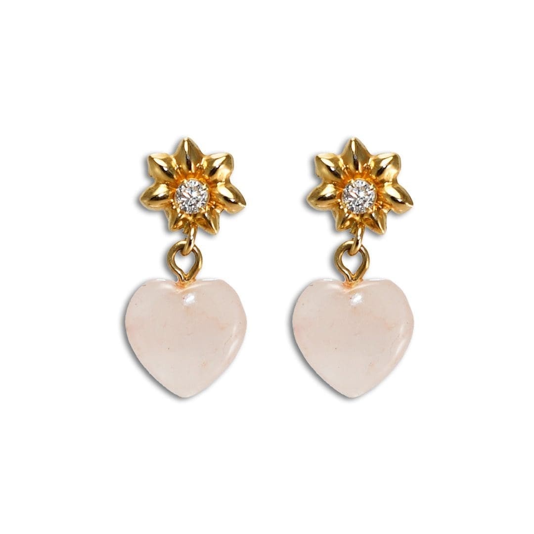 Rose Quartz Heart Dangle Earrings 14K Yellow Gold Cubic Zirconia: Rose Quartz Heart Dangle Earrings 14K Yellow Gold Cubic Zirconia These dangle earrings are crafted from 14k yellow gold and feature heart-shaped natural rose quartz stones in a soft pink hue. Each ear