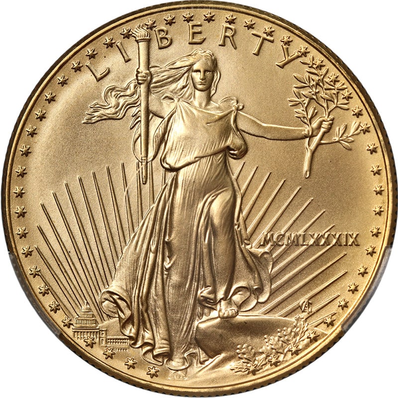1989 Gold American Eagle $50 CAC MS70 RARE Pop 3 Coin: 1989 Gold American Eagle $50 CAC MS70 RARE Pop 3 Coin This stunning 1989 Gold American Eagle $50 coin is graded MS70 by CAC, indicating perfect quality and eye appeal. With a composition of 0.9167 fin