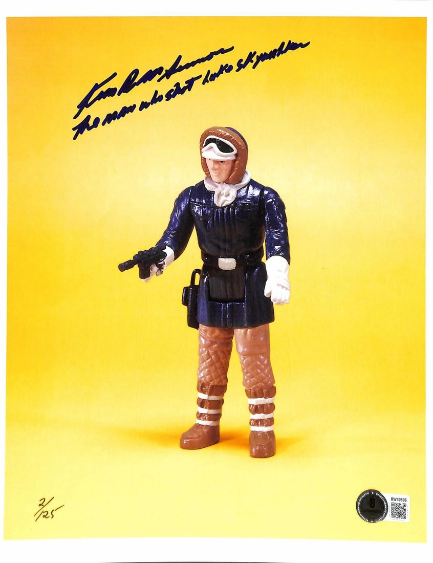 Beckett Authenticated Kim D.M. Simmons Han Solo signed 8 1/2 x 11 photo: Beckett Authenticated Kim D.M. Simmons Han Solo signed 8 1/2 x 11 photo This limited edition 8 1/2 x 11 inch photograph features a classic Kenner Star Wars Han Solo action figure, captured in a vibran
