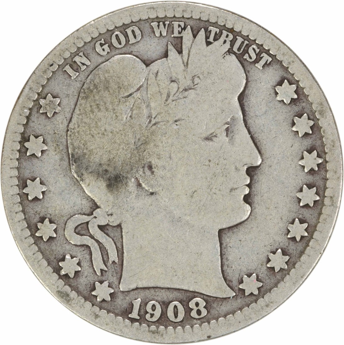 1908-S Barber Silver Quarter 90% Silver Uncertified VG: 1908-S Barber Silver Quarter 90% Silver Uncertified VG This 1908-S Barber Silver Quarter is a noteworthy piece of American numismatics. Struck in San Francisco, this coin features a composition of 90%