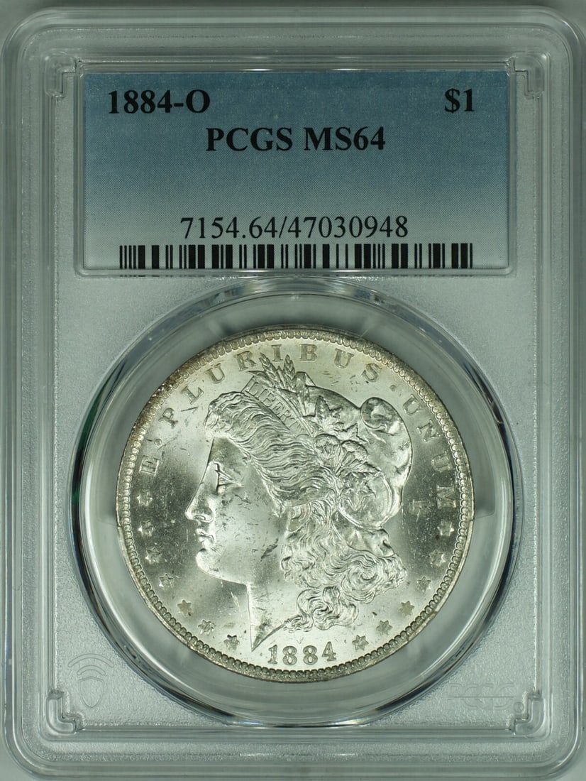 PCGS MS64 1884-O Morgan Dollar New Orleans Mint Silver Coin: PCGS MS64 1884-O Morgan Dollar New Orleans Mint Silver Coin This is an 1884-O Morgan Silver Dollar graded MS-64 by PCGS. The coin is uncirculated and was minted in New Orleans. It is composed of 90% s
