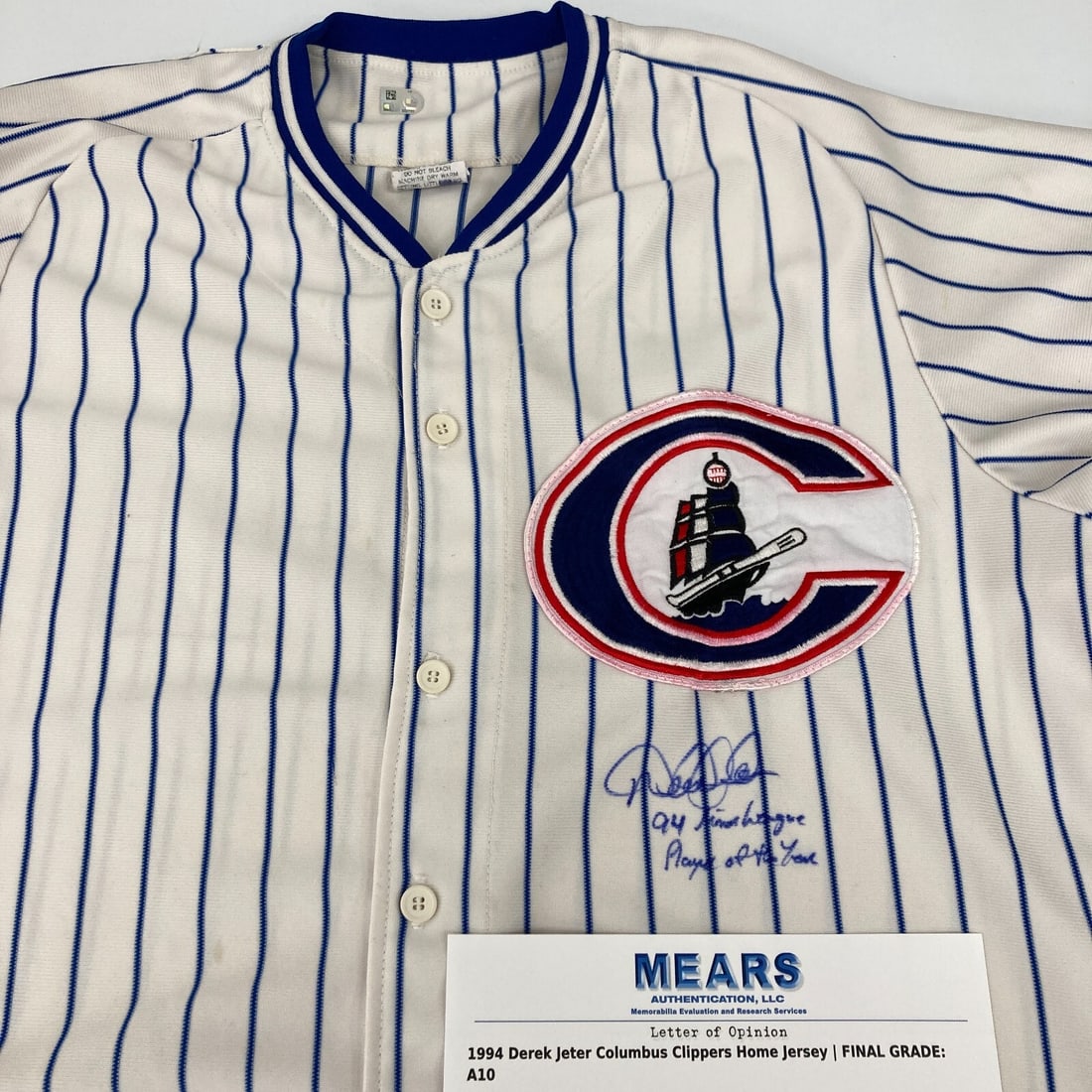 1994 Derek Jeter Signed Columbus Clippers Game Used Jersey MEARS A10 COA: 1994 Derek Jeter Signed Columbus Clippers Game Used Jersey MEARS A10 COA This is a rare Columbus Clippers home jersey worn by Derek Jeter during his 1994 season with the Yankees' International League 