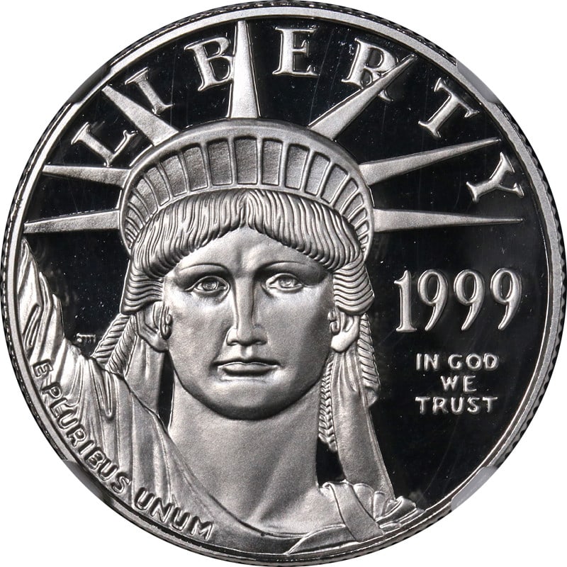 1999-W $50 Platinum Eagle Coin NGC PF70 Ultra Cameo Certified: 1999-W $50 Platinum Eagle Coin NGC PF70 Ultra Cameo Certified This 1999-W Platinum American Eagle $50 coin is composed of 0.9995 fine platinum and has been graded by NGC as PF70 Ultra Cameo, indicatin