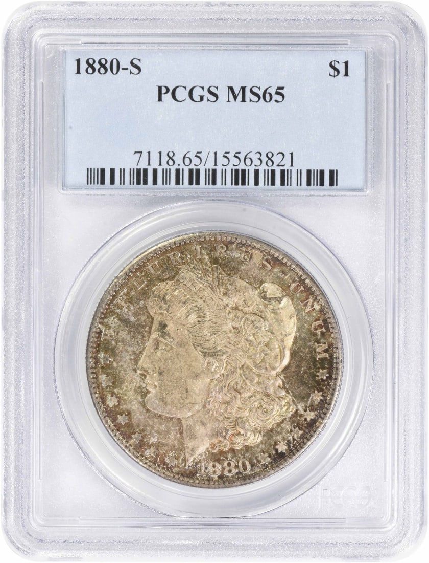 1880-S Morgan Silver Dollar MS65 PCGS Uncirculated Coin: 1880-S Morgan Silver Dollar MS65 PCGS Uncirculated Coin This stunning 1880-S Morgan Silver Dollar is a remarkable piece of numismatic history, graded MS65 by PCGS, indicating its uncirculated conditio