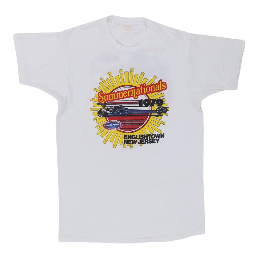 Vintage 1979 NHRA Summer Nationals New Jersey Cotton T Shirt: Vintage 1979 NHRA Summer Nationals New Jersey Cotton T Shirt This is an original vintage 1979 NHRA Summer Nationals New Jersey shirt featuring front and back graphics. Made from 100% cotton, the shirt