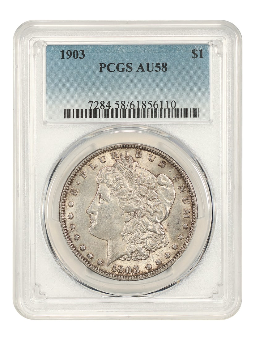 1903 Morgan Silver Dollar $1 PCGS AU58 Philadelphia: 1903 Morgan Silver Dollar $1 PCGS AU58 Philadelphia 1903 Morgan Dollar certified by PCGS in AU58 condition. This circulated, pre-owned silver dollar is a slightly better date example. Specifications D