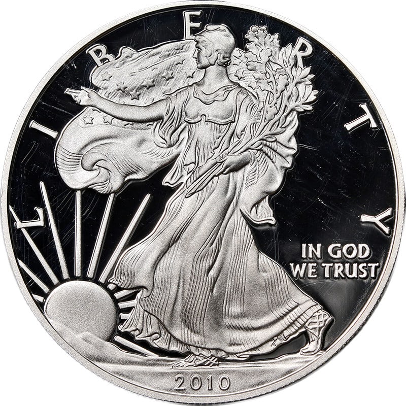 ANACS PR70 DCAM 2010-W Silver Eagle Dollar First Day of Issue: ANACS PR70 DCAM 2010-W Silver Eagle Dollar First Day of Issue This 2010-W Silver American Eagle $1 coin is certified by ANACS as PR70 DCAM and designated as First Day of Issue. It features a strong st