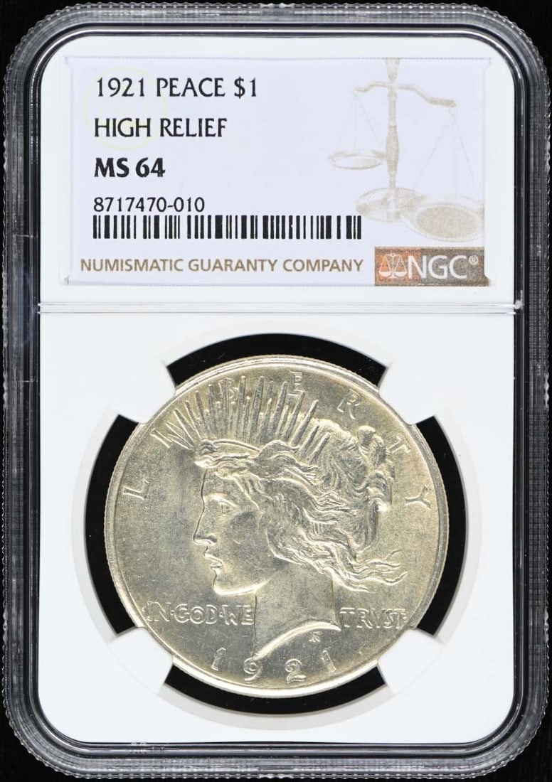 NGC MS64 1921 Peace Dollar High Relief Philadelphia: NGC MS64 1921 Peace Dollar High Relief Philadelphia 1921 Peace Dollar certified by NGC and graded MS64. This uncirculated, pre-owned United States coin is a high relief S$1 issue from the Philadelphia