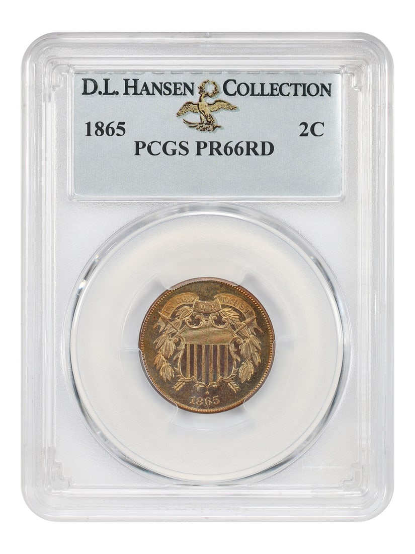 1865 Two Cent Proof PCGS PR66RD Ex D.L. Hansen: 1865 Two Cent Proof PCGS PR66RD Ex D.L. Hansen 1865 Two Cent proof coin graded PCGS PR66RD, ex: D.L. Hansen. This uncirculated example has a low proof mintage of just 500 coins struck. It displays col