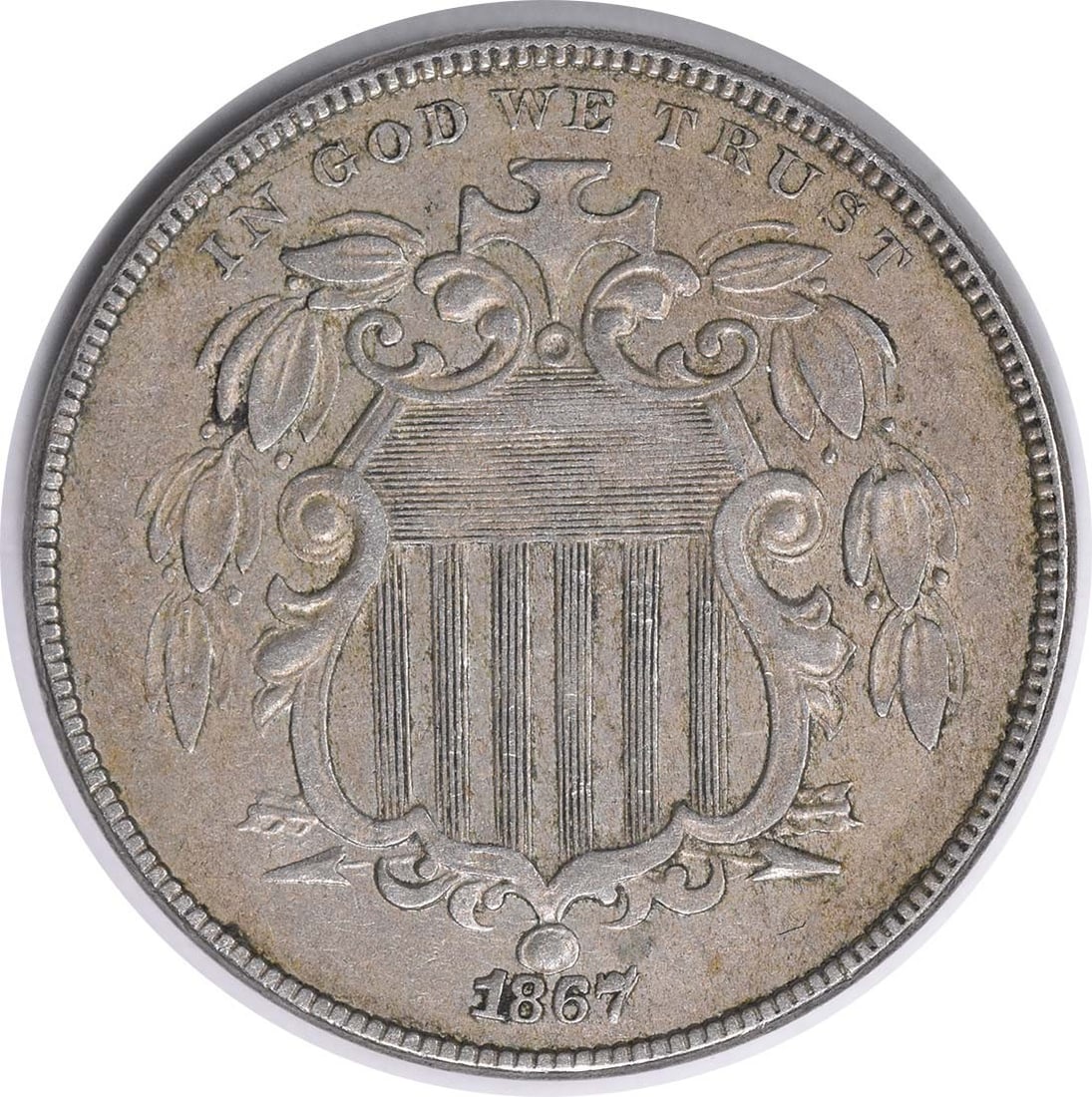 1867 Shield Nickel No Rays FS-1308 EF Uncertified: 1867 Shield Nickel No Rays FS-1308 EF Uncertified This is an 1867 Shield Nickel No Rays variety, featuring the RPD FS-1308 designation. The coin was struck at the Philadelphia Mint and designed by Jam
