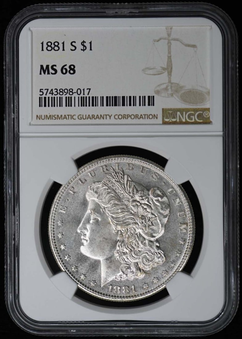1881-S NGC MS68 Uncirculated Morgan Dollar San Francisco: 1881-S NGC MS68 Uncirculated Morgan Dollar San Francisco This stunning 1881-S Morgan Dollar, certified by NGC with a grade of MS68, is a remarkable addition for any collector. Struck in San Francisco,