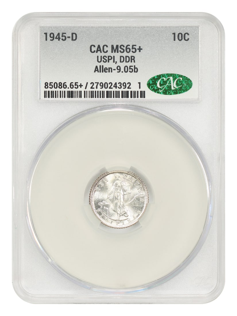 CACG MS65+ 1945-D U.S. Philippines 10 Centavos DDR Allen-9.05b: CACG MS65+ 1945-D U.S. Philippines 10 Centavos DDR Allen-9.05b This 1945-D U.S. Philippines 10 Centavos is a scarce wartime variety featuring a Doubled Die Reverse (DDR), Allen-9.05b. Struck at the De