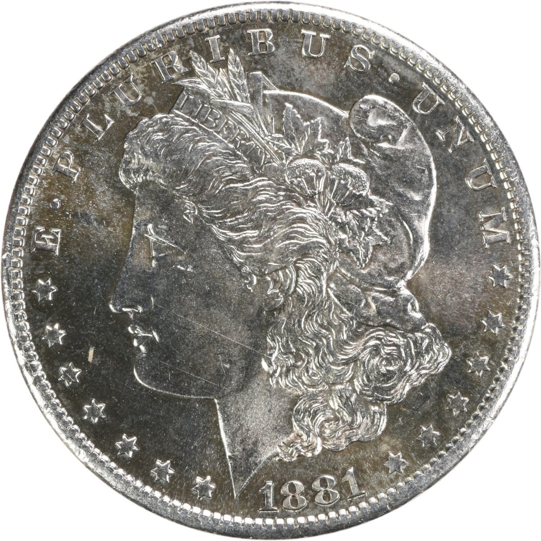 1881 S $1 Morgan Dollar Silver BU Uncertified: 1881 S $1 Morgan Dollar Silver BU Uncertified An 1881-S Morgan Silver Dollar in BU condition. This uncertified United States coin has a silver composition and a $1 denomination. It is listed as uncirc