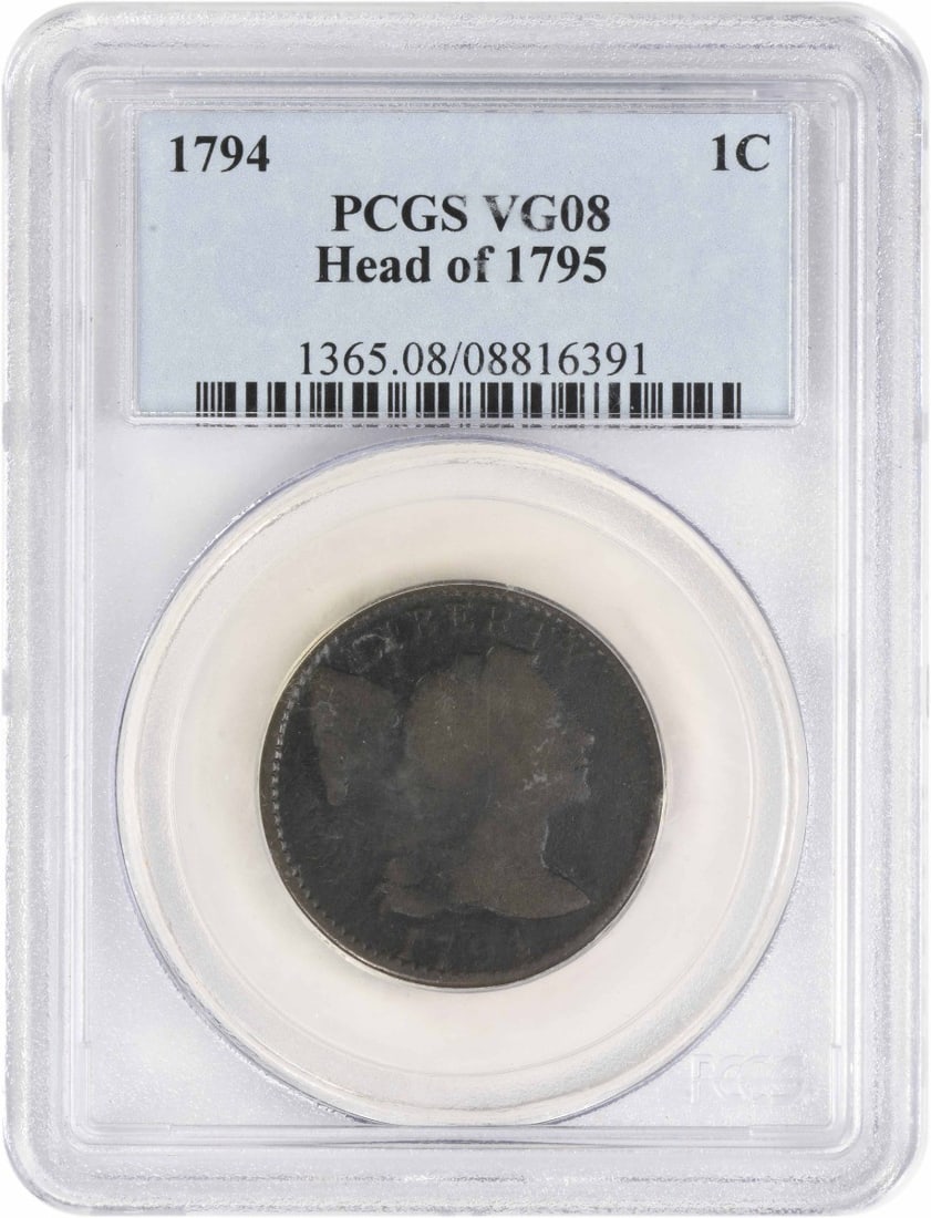 1794 Flowing Hair Large Cent Copper PCGS VG08: 1794 Flowing Hair Large Cent Copper PCGS VG08 This 1794 Large Cent features the iconic Flowing Hair design, attributed to renowned designer Robert Scot. Crafted in copper, this coin is a significant p