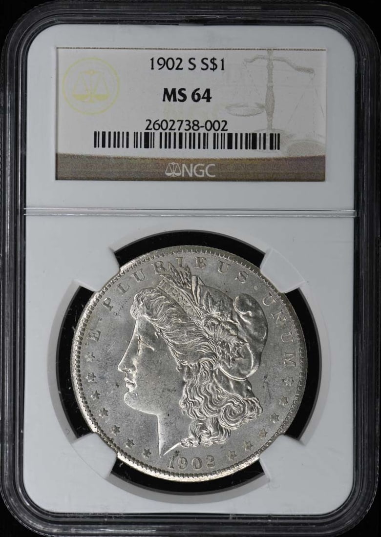 NGC MS64 1902-S United States Morgan Silver Dollar: NGC MS64 1902-S United States Morgan Silver Dollar 1902-S Morgan Dollar certified by NGC and graded MS64. This pre-owned coin is an uncirculated example of a United States Morgan Dollar struck at the 