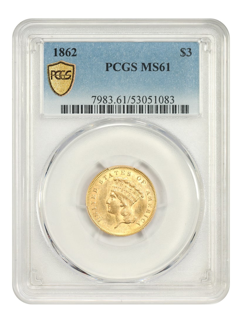 1862 Three Dollar Gold Coin PCGS MS61 Philadelphia: 1862 Three Dollar Gold Coin PCGS MS61 Philadelphia An 1862 Three Dollar gold coin certified by PCGS as MS61. This uncirculated Philadelphia issue had a mintage of only 5,750 pieces struck during the h