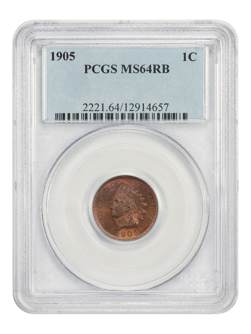PCGS MS64RB 1905 Indian Head Cent: PCGS MS64RB 1905 Indian Head Cent This is a 1905 Indian Cent graded MS64RB by PCGS. The coin features a Red-Brown (RB) coloration and was minted in Philadelphia. It is uncirculated and comes with PCGS