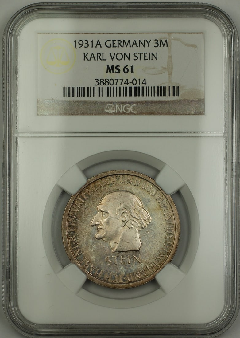 NGC MS-61 Germany 1931-A Three Mark Silver Coin Featuring Karl Von Stein (1 of 4)
