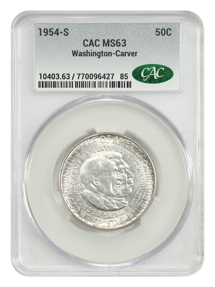 CACG MS63 1954-S Washington Carver 50C Silver Commemorative: CACG MS63 1954-S Washington Carver 50C Silver Commemorative 1954-S Washington-Carver classic silver commemorative half dollar certified CACG MS63. This uncirculated issue has a mintage of 42,024 coins
