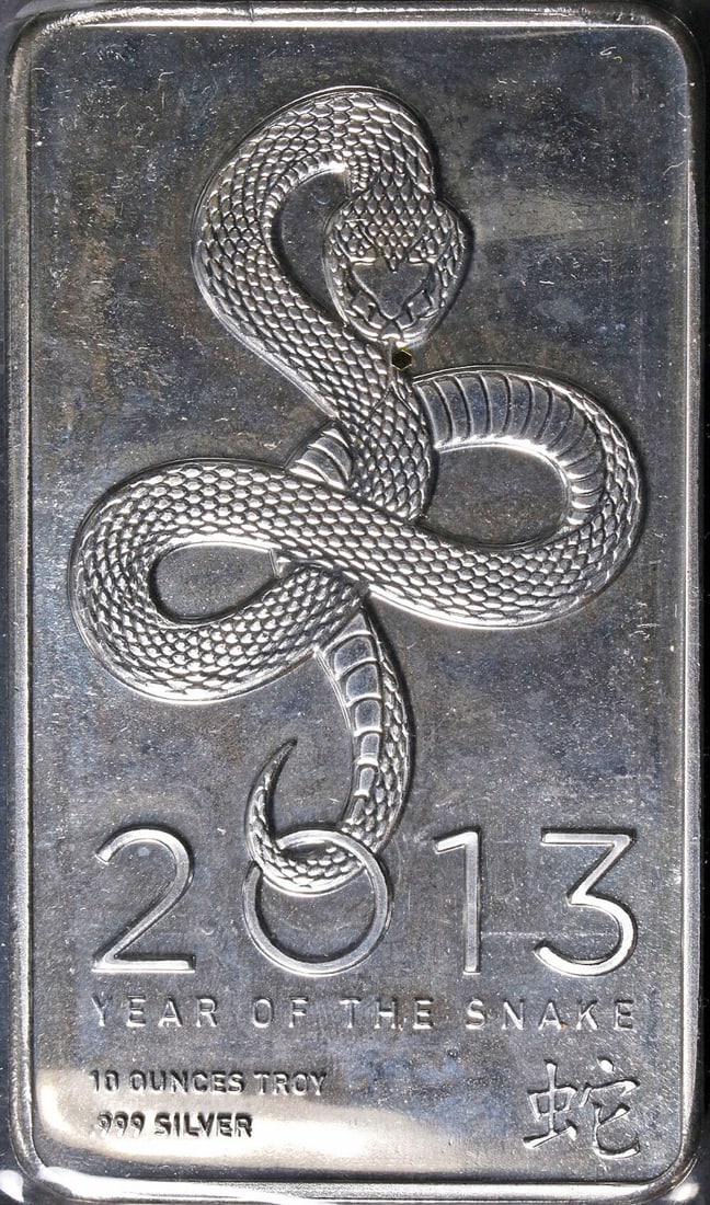 2013 Year of the Snake 10 Ounce 999 Fine Silver Bar NTR: 2013 Year of the Snake 10 Ounce 999 Fine Silver Bar NTR This 2013 Year of the Snake Lunar silver bar is made by NTR and contains 10 ounces of .999 fine silver. The bar commemorates the Year of the Sna