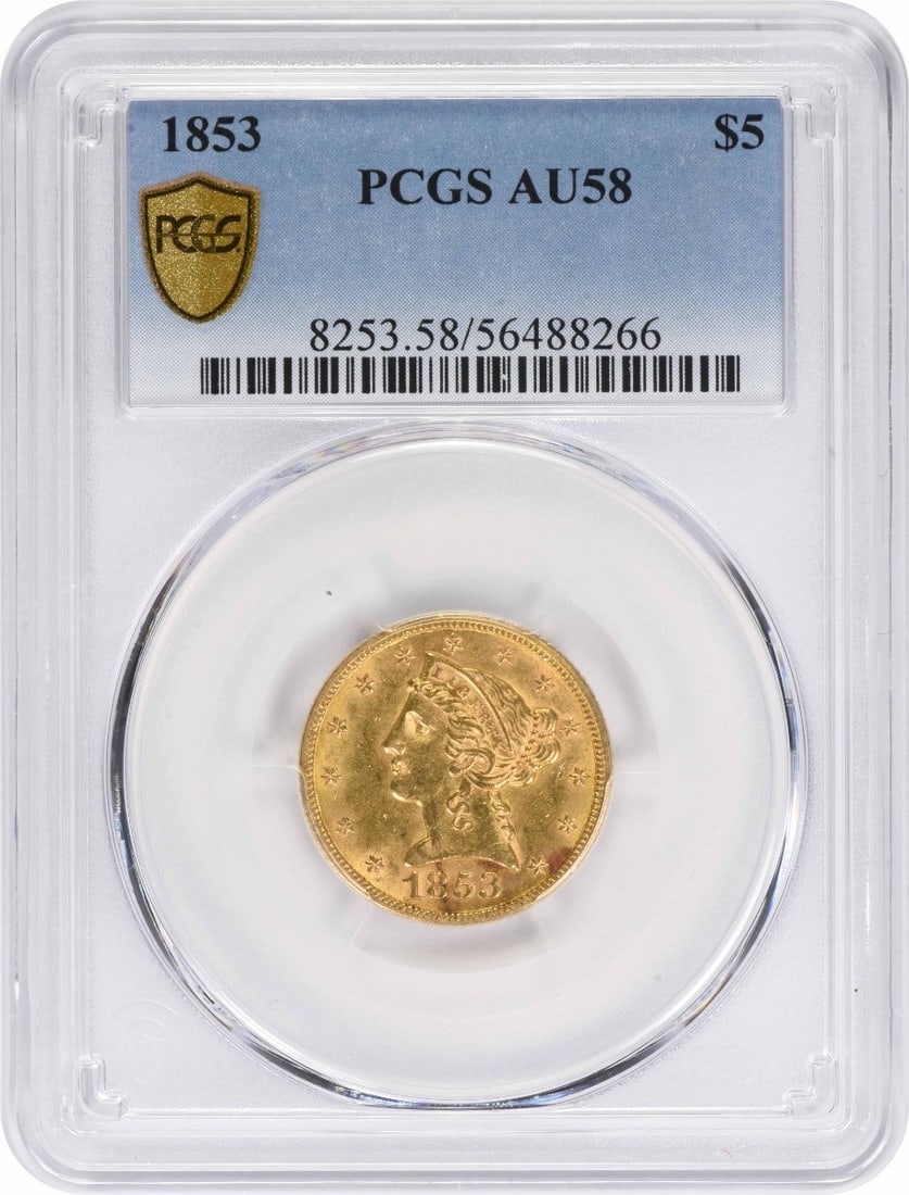 PCGS AU58 1853 Liberty Head $5 Gold Coin: PCGS AU58 1853 Liberty Head $5 Gold Coin 1853 $5 Gold Liberty Head coin graded AU58 by PCGS. This pre-owned United States gold coin is a circulated example from the Pre-1933 period. Specifications Ite