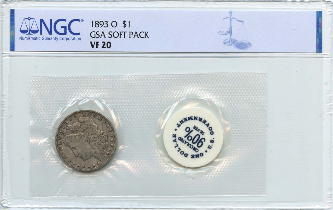 NGC Certified 1893-O Morgan Silver Dollar in GSA Soft Pack VF20: NGC Certified 1893-O Morgan Silver Dollar in GSA Soft Pack VF20 This is an 1893-O Morgan Dollar housed in a GSA soft pack and certified by NGC with a grade of VF20. The coin was minted in New Orleans 