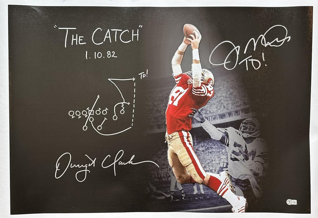 35x24 Beckett LOA canvas signed by Joe Montana and Dwight Clark: 35x24 Beckett LOA canvas signed by Joe Montana and Dwight Clark This multi-signed canvas commemorates "The Catch," the legendary play from the 1982 NFC Championship Game. Measuring 35x24 inches, the p