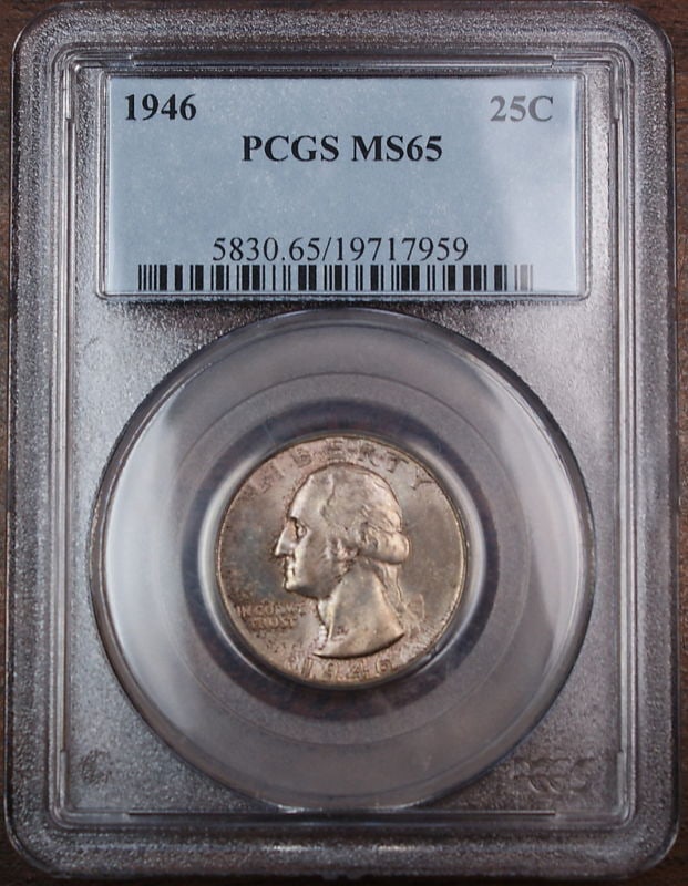 PCGS MS 65 1946 Washington Quarter 25C Silver Light Toning: PCGS MS 65 1946 Washington Quarter 25C Silver Light Toning 1946 Washington quarter certified by PCGS and graded MS-65. This silver 25C coin is uncirculated and described as lightly toned original. Pre