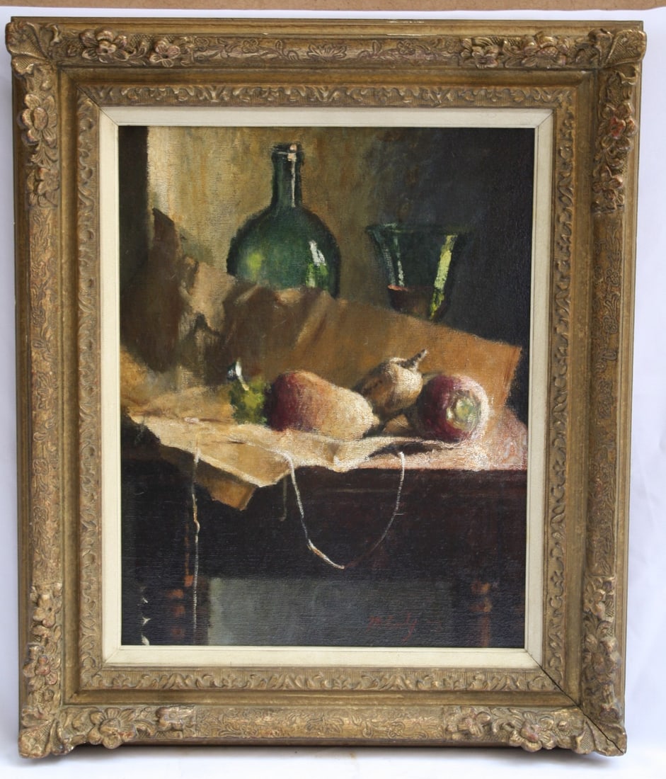 1973 Still Life Oil Painting by Allen McCurdy Framed Signed: 1973 Still Life Oil Painting by Allen McCurdy Framed Signed This exquisite oil on canvas still life painting by renowned American artist Allen McCurdy captures the beauty of fruit with remarkable deta