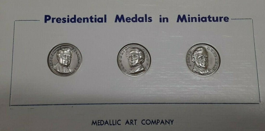 Set of Three Sterling Silver Presidential Medals Fillmore Pierce Buchanan: Set of Three Sterling Silver Presidential Medals Fillmore Pierce Buchanan This set features three high relief miniature presidential medals commemorating Presidents Fillmore, Pierce, and Buchanan. Str