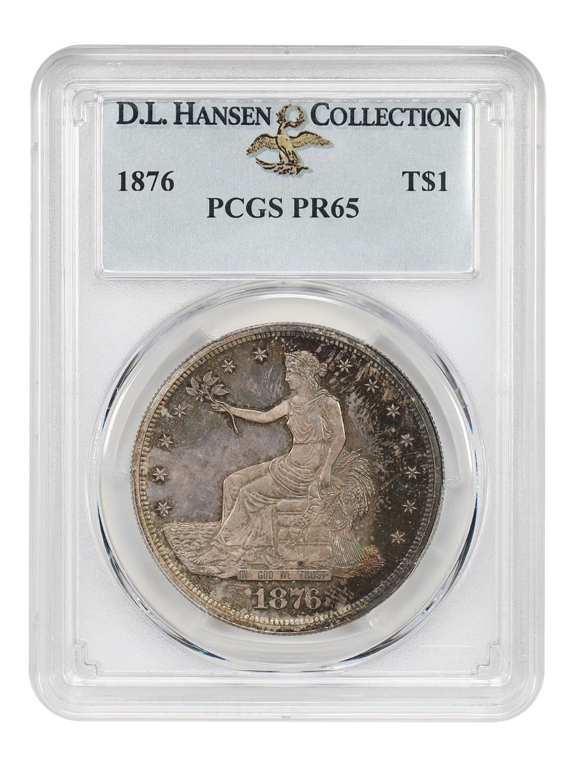 PCGS PR65 1876 Trade Dollar T$1 ex D.L. Hansen: PCGS PR65 1876 Trade Dollar T$1 ex D.L. Hansen 1876 Trade Dollar certified by PCGS as PR65 and pedigreed ex: D.L. Hansen. This uncirculated proof example is described as a gorgeous survivor from a min