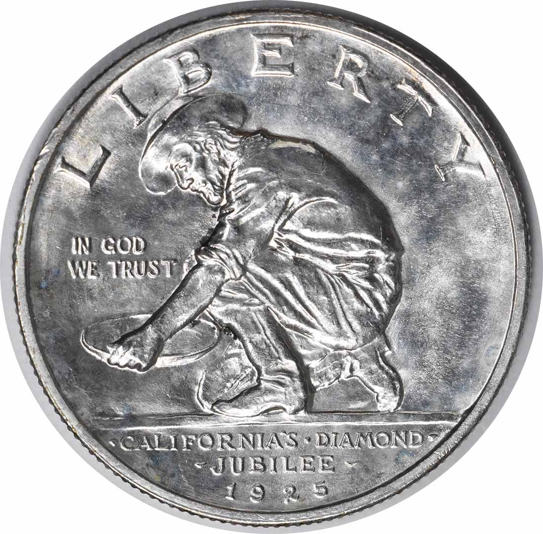 1925-S California Diamond Jubilee silver half dollar commemorative: 1925-S California Diamond Jubilee silver half dollar commemorative This California Commemorative Silver Half Dollar from 1925-S is a pre-owned, uncirculated coin featuring a design that celebrates Cal