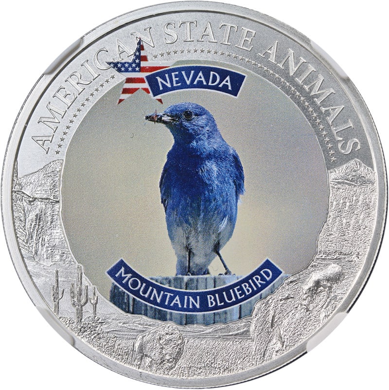 Cook Islands Nevada Bluebird $5 1 Oz Silver Coin 2021 NGC MS70: Cook Islands Nevada Bluebird $5 1 Oz Silver Coin 2021 NGC MS70 Original 2021 Cook Islands 1 ounce silver $5 coin from the US State Animal Nevada - Bluebird series. This colorized issue has been graded