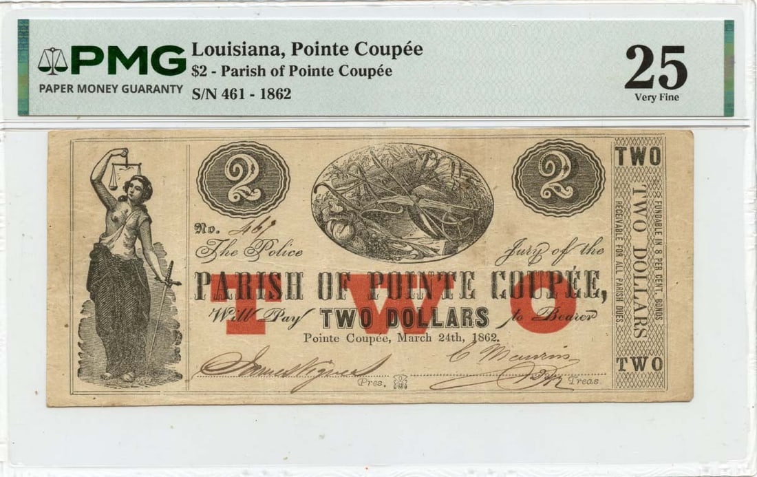 PMG VF25 1862 $2 Parish of Pointe Coupee Louisiana Obsolete Note: PMG VF25 1862 $2 Parish of Pointe Coupee Louisiana Obsolete Note 1862 Parish of Pointe Coupee, Louisiana obsolete note graded PMG VF25. This pre-owned, circulated example is a collectible piece of Uni