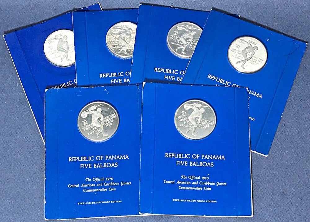 1970 Panama Silver Proof 5 Balboa 6 Coin Lot OGP .925 Fine: 1970 Panama Silver Proof 5 Balboa 6 Coin Lot OGP .925 Fine This 1970 Republic of Panama Silver Proof 5 Balboa lot features six coins, each with a composition of .925 fine silver. The coins are uncircu