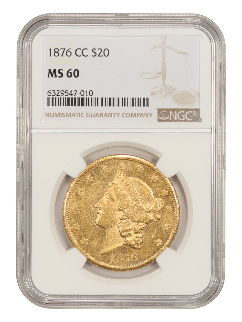 1876 Carson City Liberty Head $20 Gold NGC MS60: 1876 Carson City Liberty Head $20 Gold NGC MS60 1876-CC Liberty Head $20 certified by NGC. This Carson City Centennial issue has a low mintage of just 80,120 coins and is noted as exceedingly rare in 
