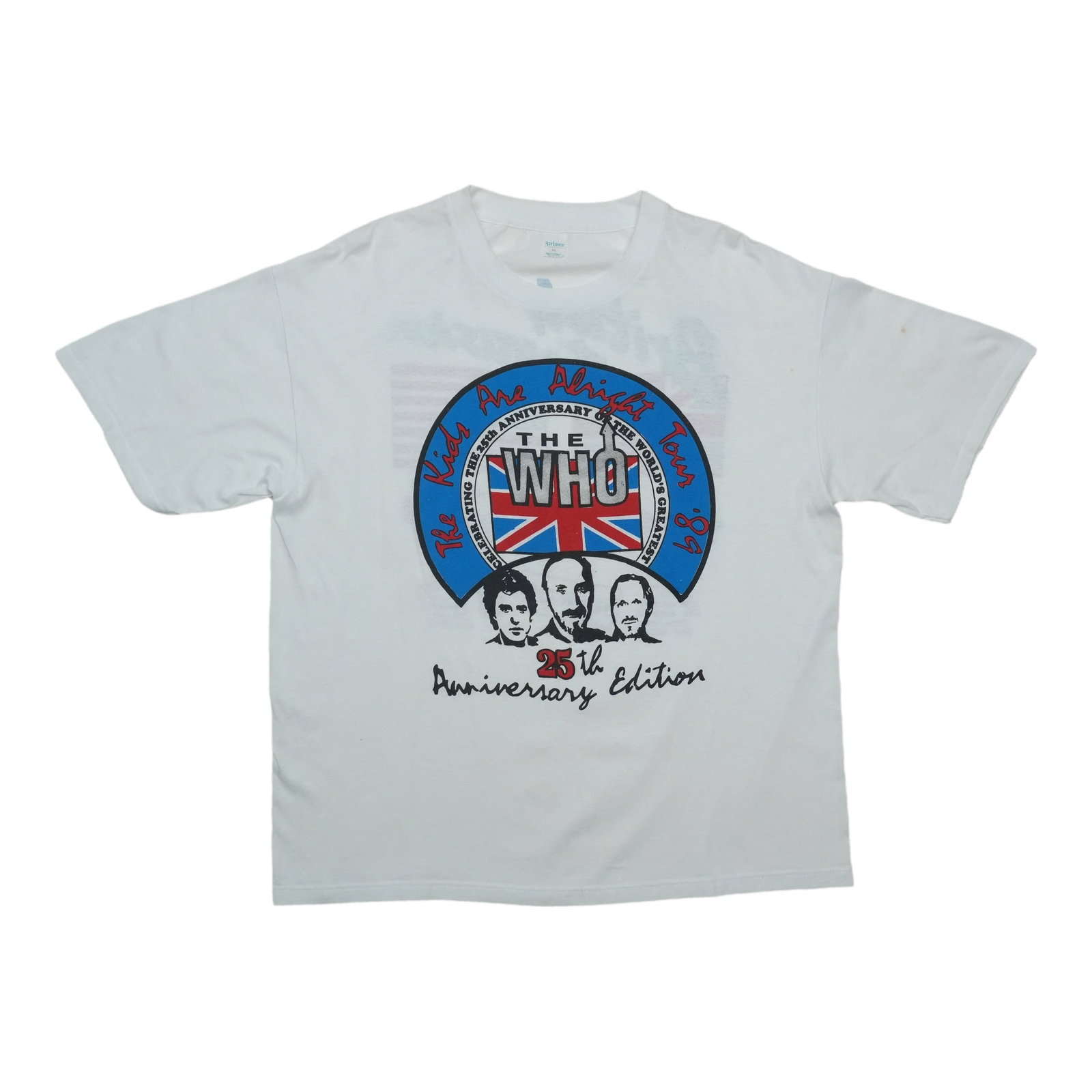 The Who 1989 Anniversary White Cotton Poly Shirt XL: The Who 1989 Anniversary White Cotton Poly Shirt XL This original vintage 1989 The Who 25th Anniversary Edition shirt is a genuine piece from the 1980s, not a modern reproduction. The shirt features a