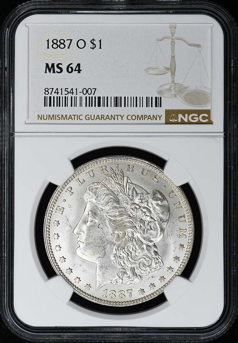 NGC MS64 1887-O Uncirculated Morgan Silver Dollar New Orleans Mint: NGC MS64 1887-O Uncirculated Morgan Silver Dollar New Orleans Mint This is an 1887-O Morgan Dollar graded MS64 by NGC. Struck at the New Orleans Mint, this uncirculated coin is a pre-owned example of 